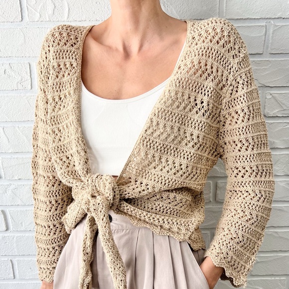 SOLD Vintage beige metallic gold crochet tie front bell sleeve sweater 12 - Picture 2 of 12